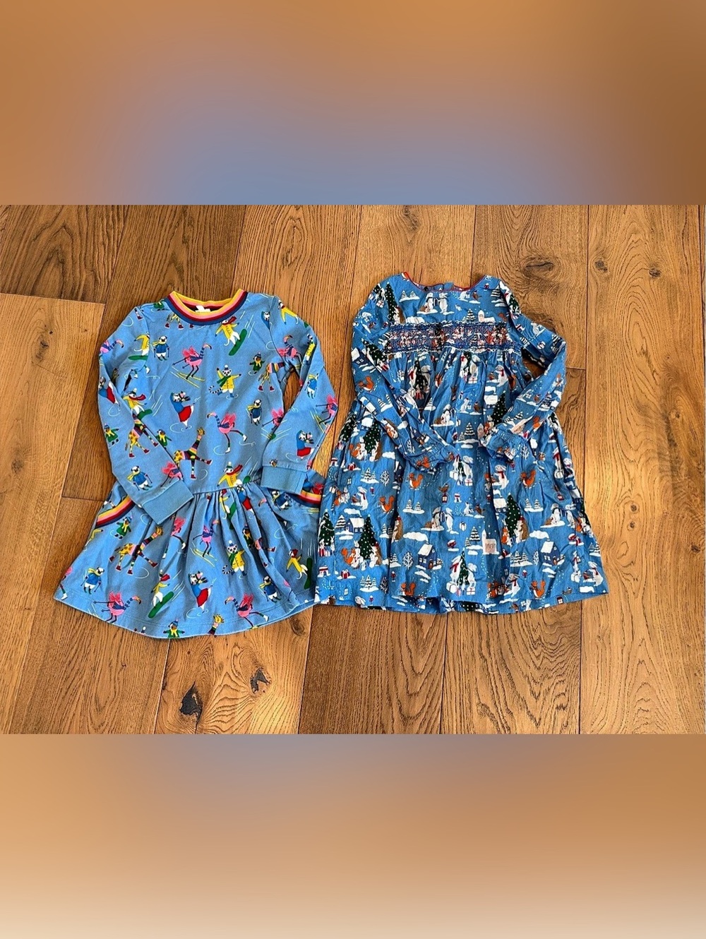 Mini Boden Girls' Winter themed Blue & Multicolor Printed Dress Size 7-8Y
